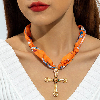 Chic Long Pendant Silk Scarf Necklace With Pearls