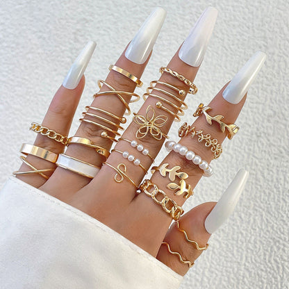Trendy Leaf Heart Rings Geometric Pearl Joint Stacking Ring Set