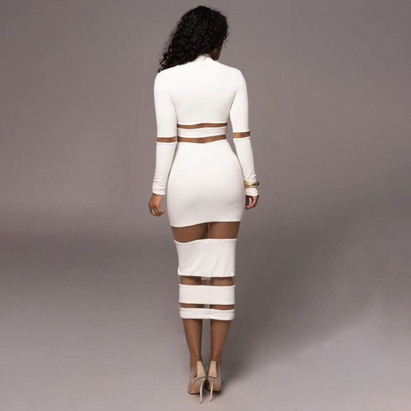 Trendy Elegant High-Neck Color Block Maxi Dress