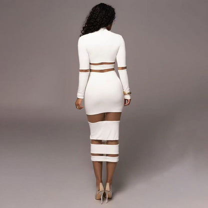 Trendy Elegant High-Neck Color Block Maxi Dress