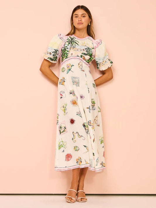 Elegant Floral Print Linen Midi Dress with Puff Sleeves