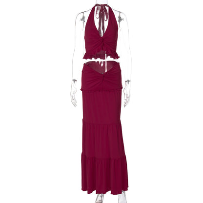 Sexy V-Neck Ruffle Hem Halter Maxi Dress Set