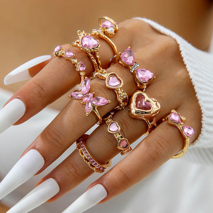 Heart-Shaped Gemstone Ring Set Trendy Elegant Fashion