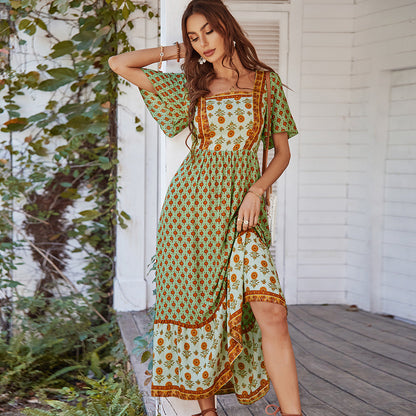 Elegant Floral Printed Maxi Dress with Square Neckline