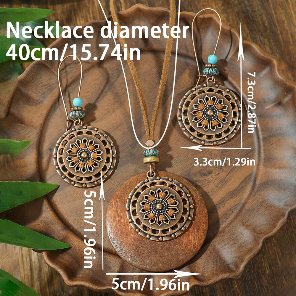 Bohemian-Inspired Hollow Round Dangle Earrings with Wooden Accents