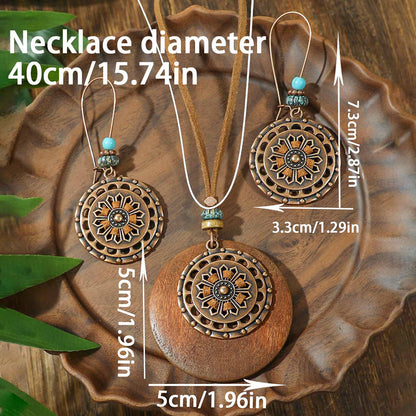 Bohemian-Inspired Hollow Round Dangle Earrings with Wooden Accents