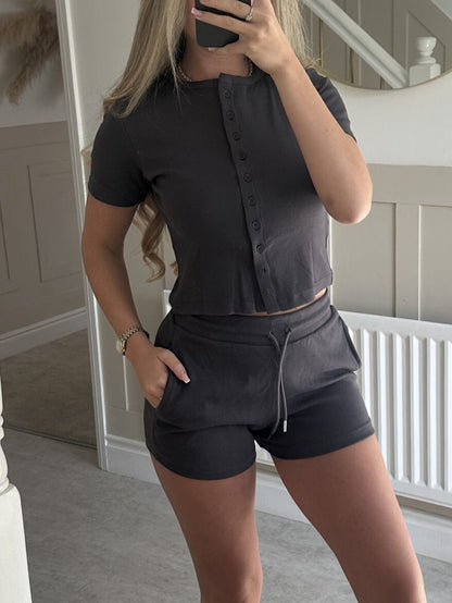 Casual Button-Up T-Shirt and Shorts Set for Women
