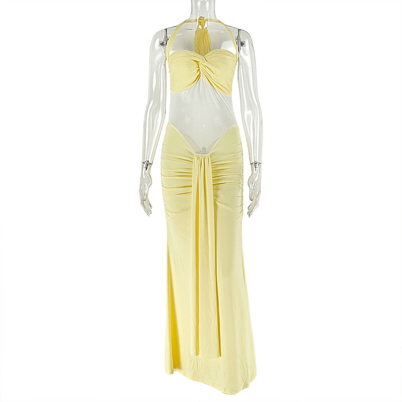 Sleeveless Solid Color Bodycon Dress With Neck Tie