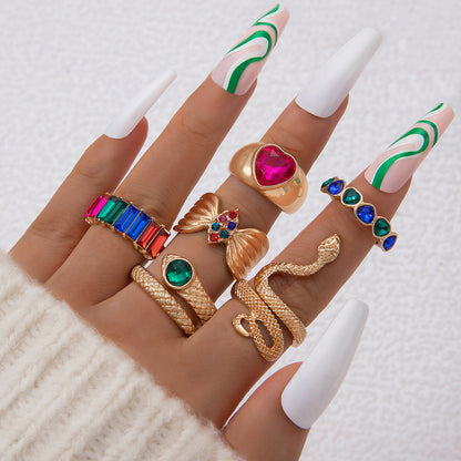 Snake Heart Shaped Gemstone Rings Jewelry Set