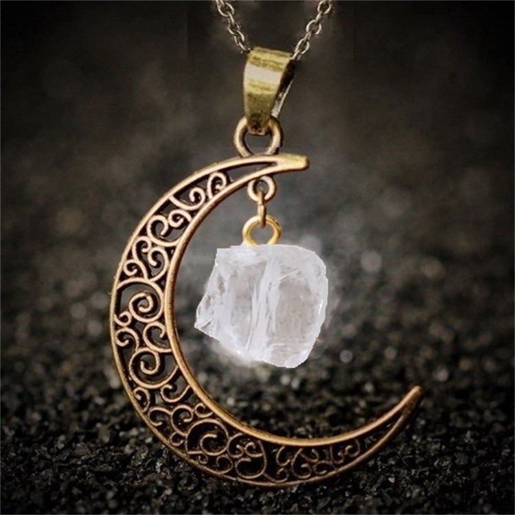 Natural Stone Crystal Necklace Vintage Moon Alloy Sweater Chain