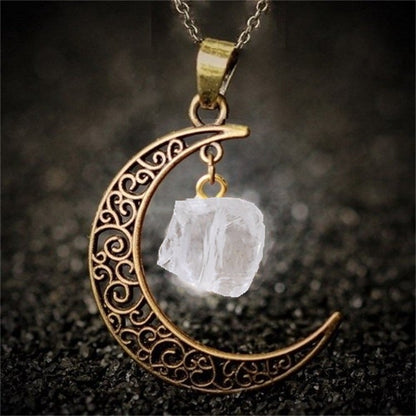 Natural Stone Crystal Necklace Vintage Moon Alloy Sweater Chain