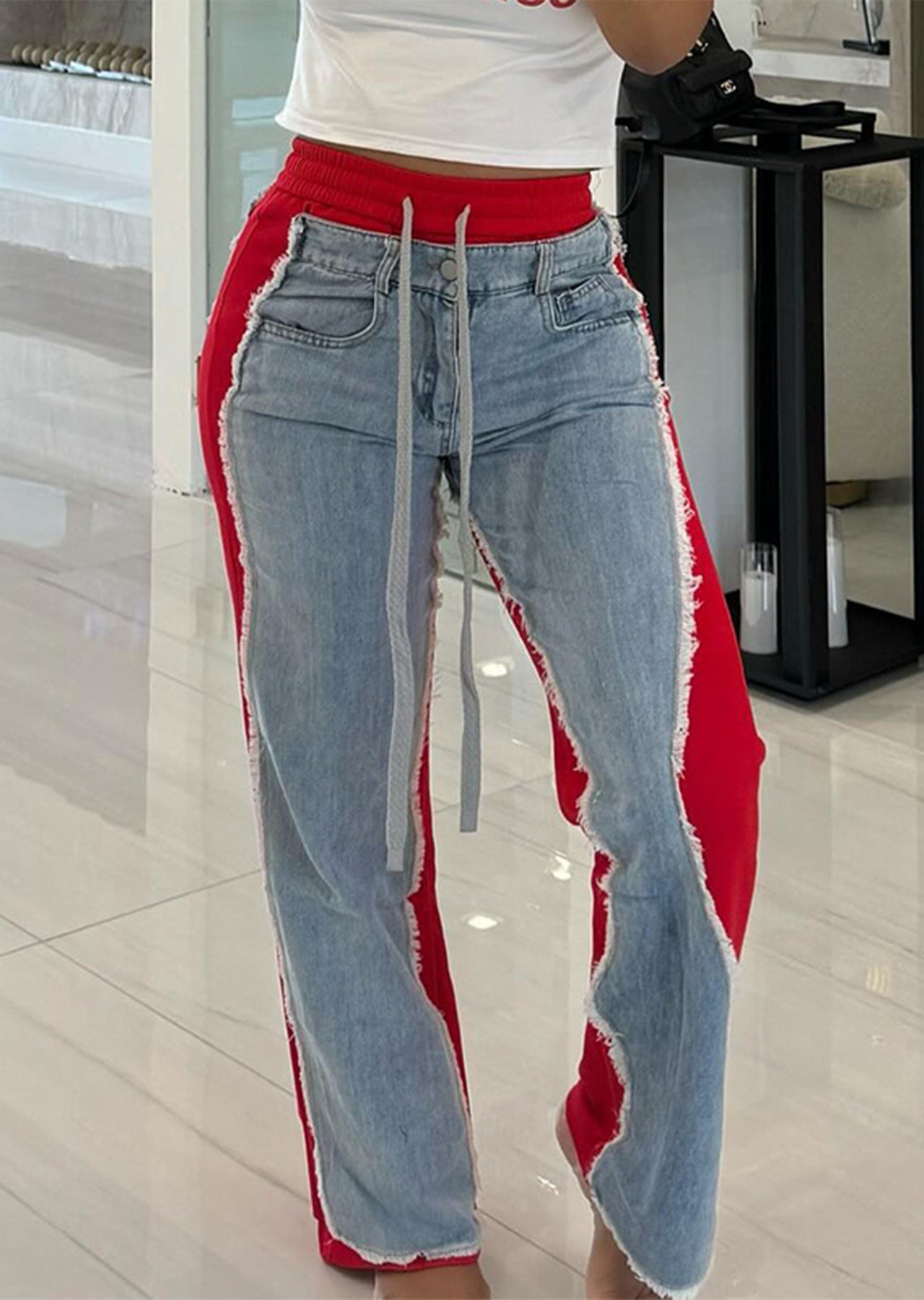 Fashion Splicing Drawstring Straight Leg Jeans