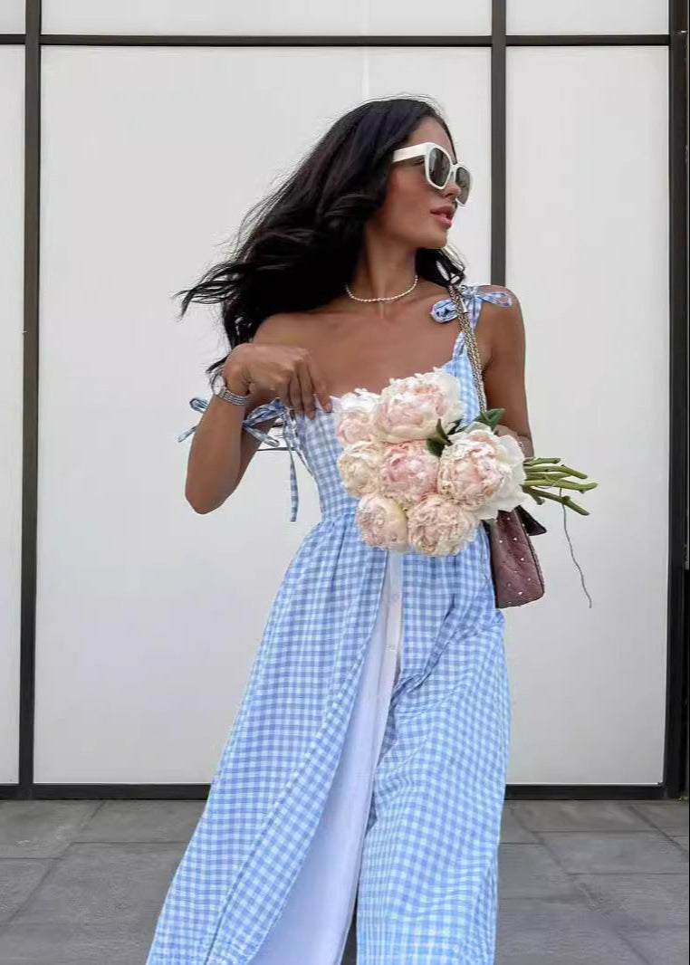 Gingham Layered Maxi Dress With Tie Straps