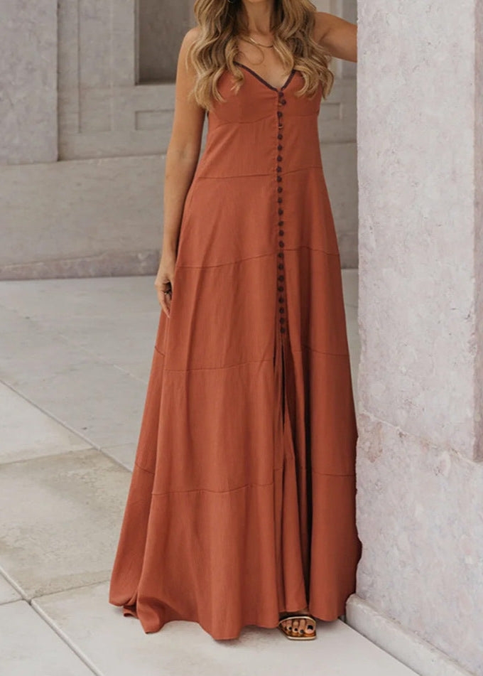 Button Front Maxi Dress Lightweight Woven Blend