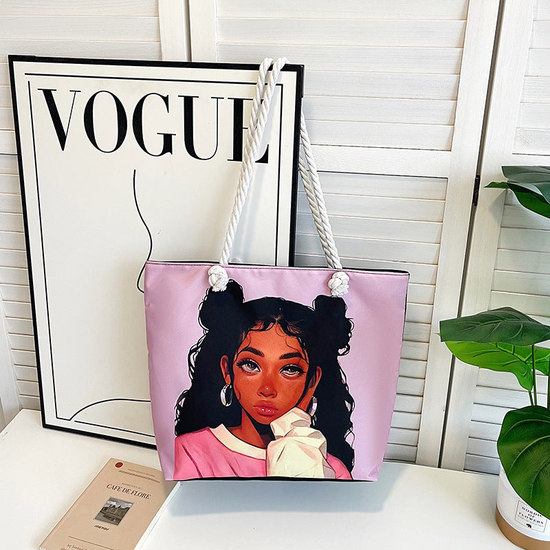 Classic Outdoor Canvas Tote Bag with Cartoon Print
