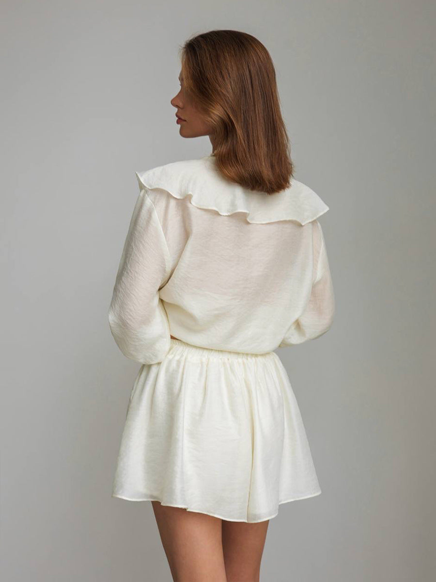 French V-Neck Ruffle Sleeve Shirt and Shorts Set