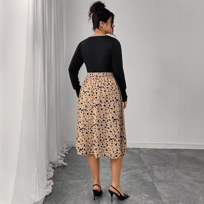 Plus Size Leopard Print Long Sleeve Dress with Belt