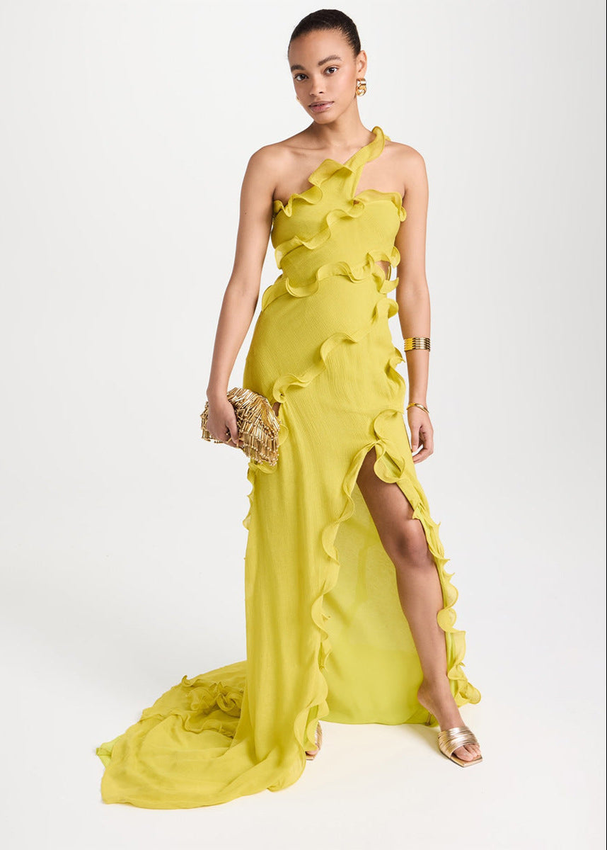 One Shoulder Ruffle Slit Chiffon Gown Yellow