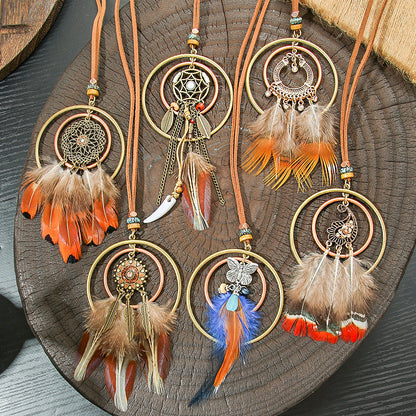 Colorful Feather Pendant Necklace Bohemian Style Butterfly Jewelry