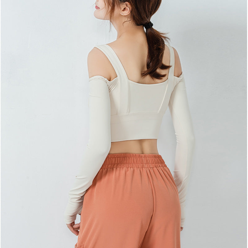 Tight All-In-One Yoga Suit Long-Sleeved Off-The-Shoulder Sports Top Women'S Gym Running T-Shirt