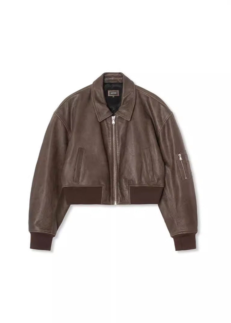 Leather Bomber Jacket Cropped Fit Gray