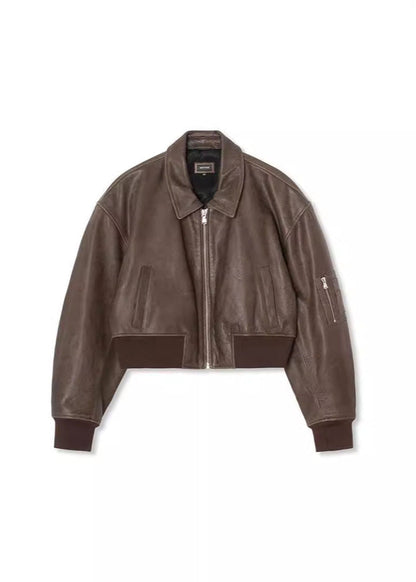 Leather Bomber Jacket Cropped Fit Gray