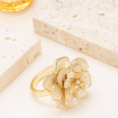 French Elegant Adjustable Drip Glaze Floral Open Ring