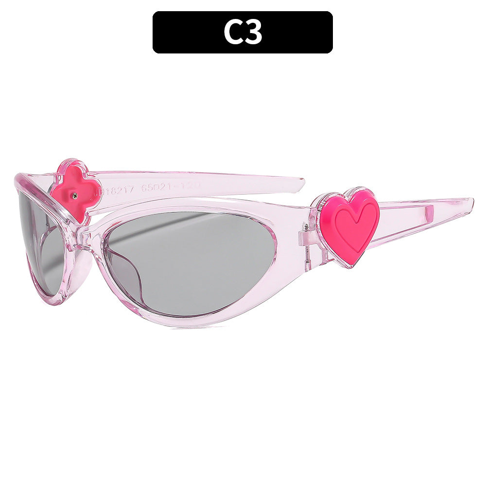 Trendy Oval Frame Sunglasses with Pink Heart Decoration