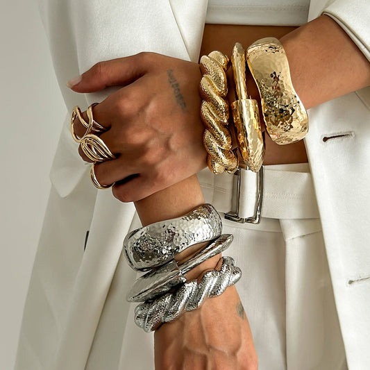 Exaggerated Wide Hammered Finish Bangle Bracelet Set