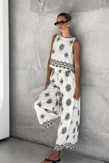 Elegant Floral Linen Waistcoat & Wide-Leg Trousers Set