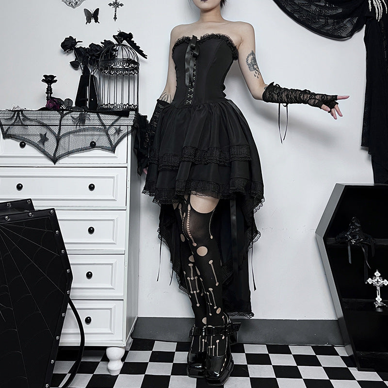 Gothic Style Black Draped Strapless Maxi Dress