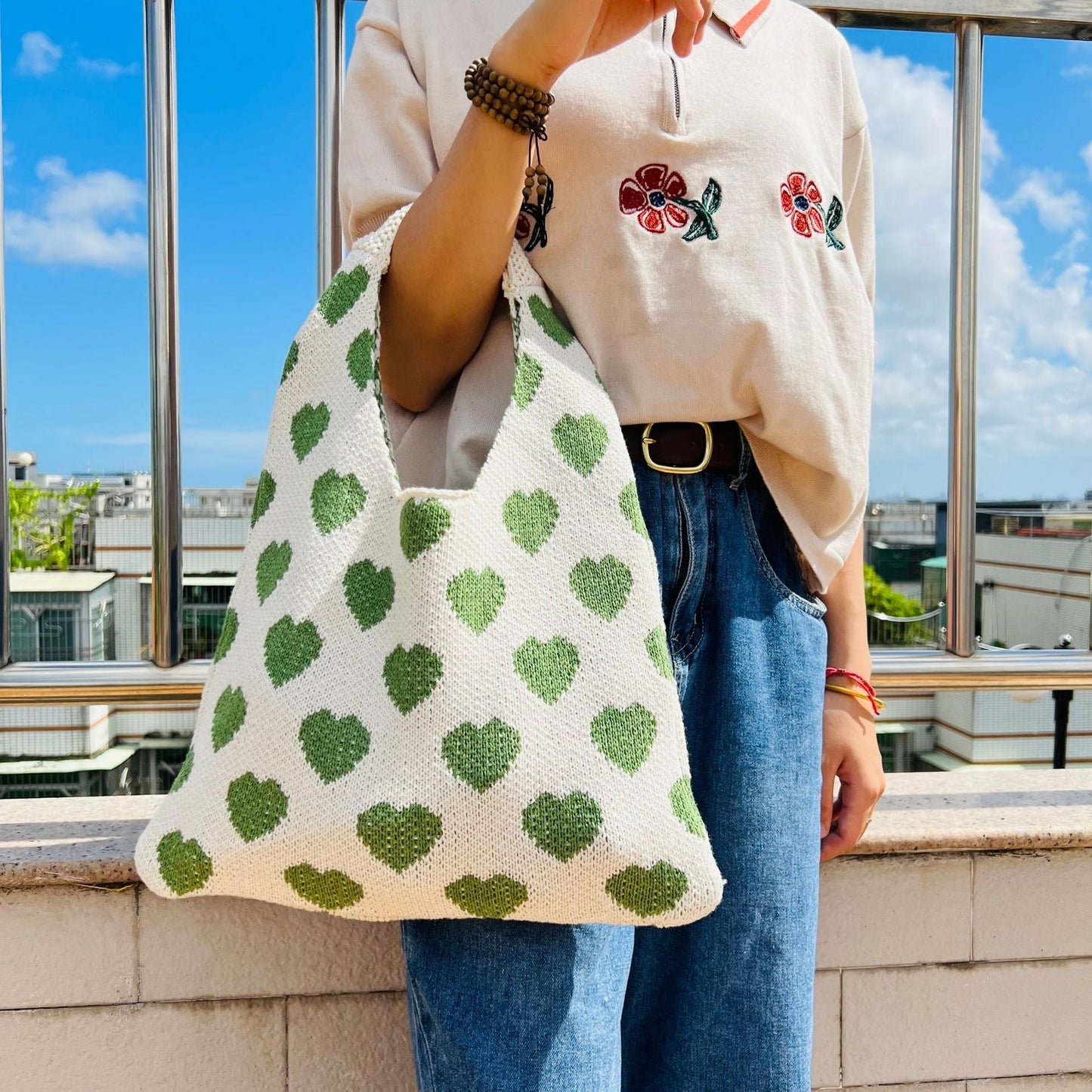 Cute Love Color Block Knit Shoulder Bag
