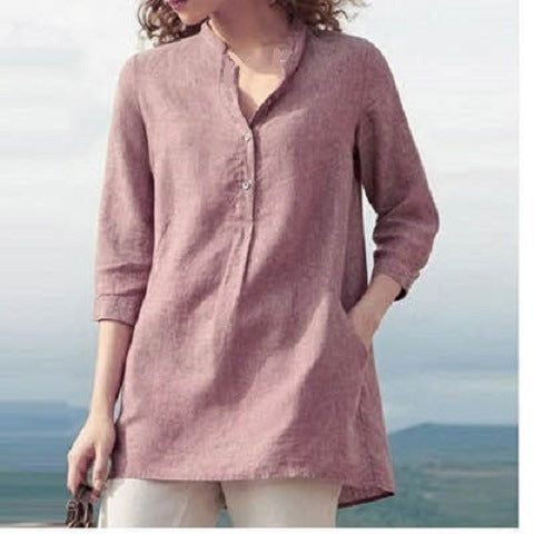 Women'S Wear Solid Color Seven Point Sleeve Stand Collar Cotton Hemp Casual Pullover Shirt