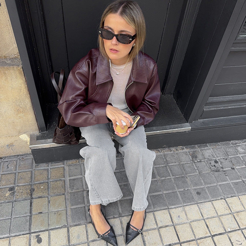 Burgundy Casual Pu Faux Leather Long Sleeve Jacket