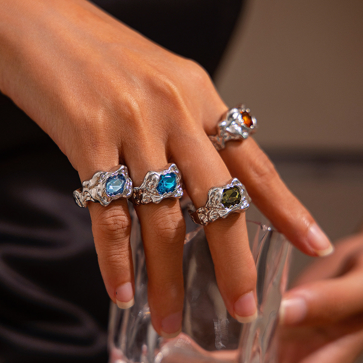 Geometric Gemstone Ring Set With Liquid Metal Finish For Women