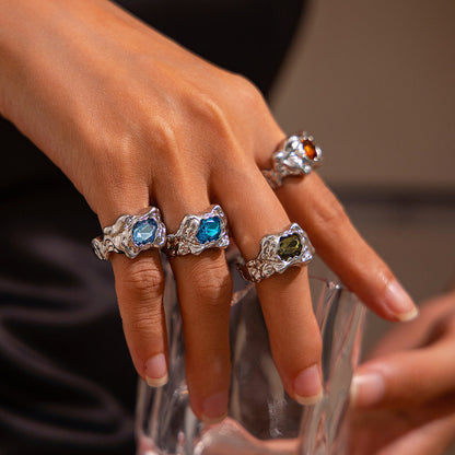Geometric Gemstone Ring Set With Liquid Metal Finish For Women