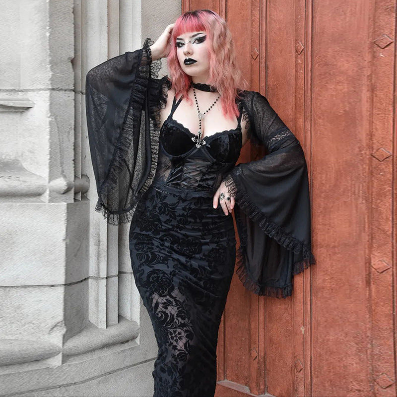 Dark Sexy Lace Bell Sleeve Cardigan Top for Women