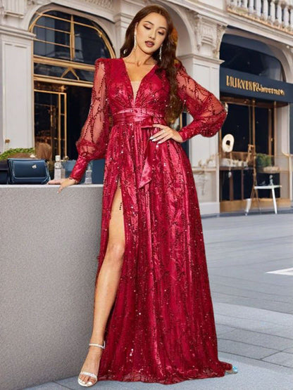 Sequin Maxi Dress with V-Neck and Strap Design