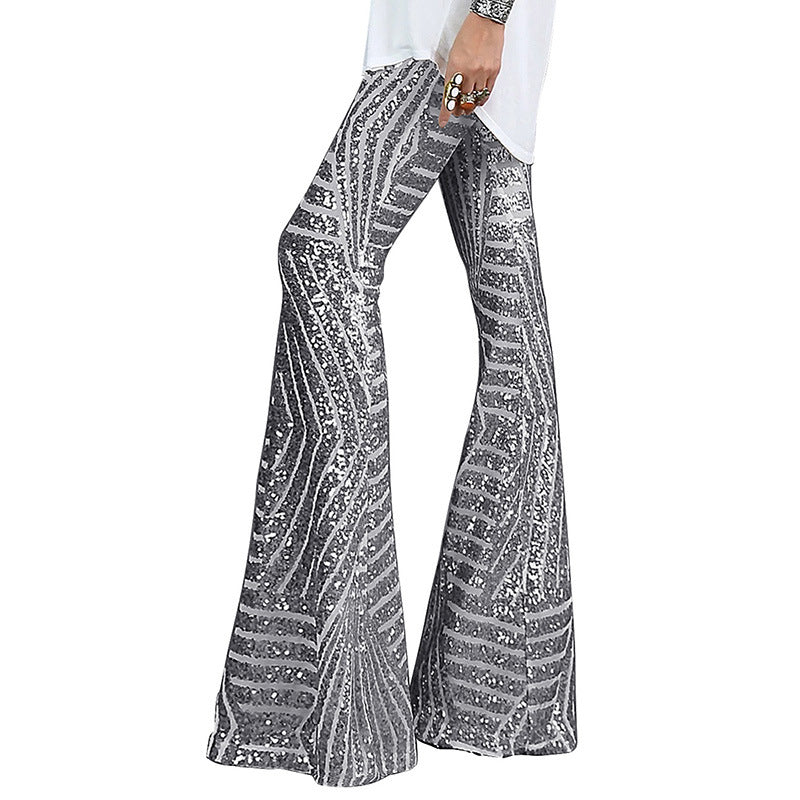 Sequins High Waist Flared Pants Slim Wide Leg Pants Women'S Casual Pants