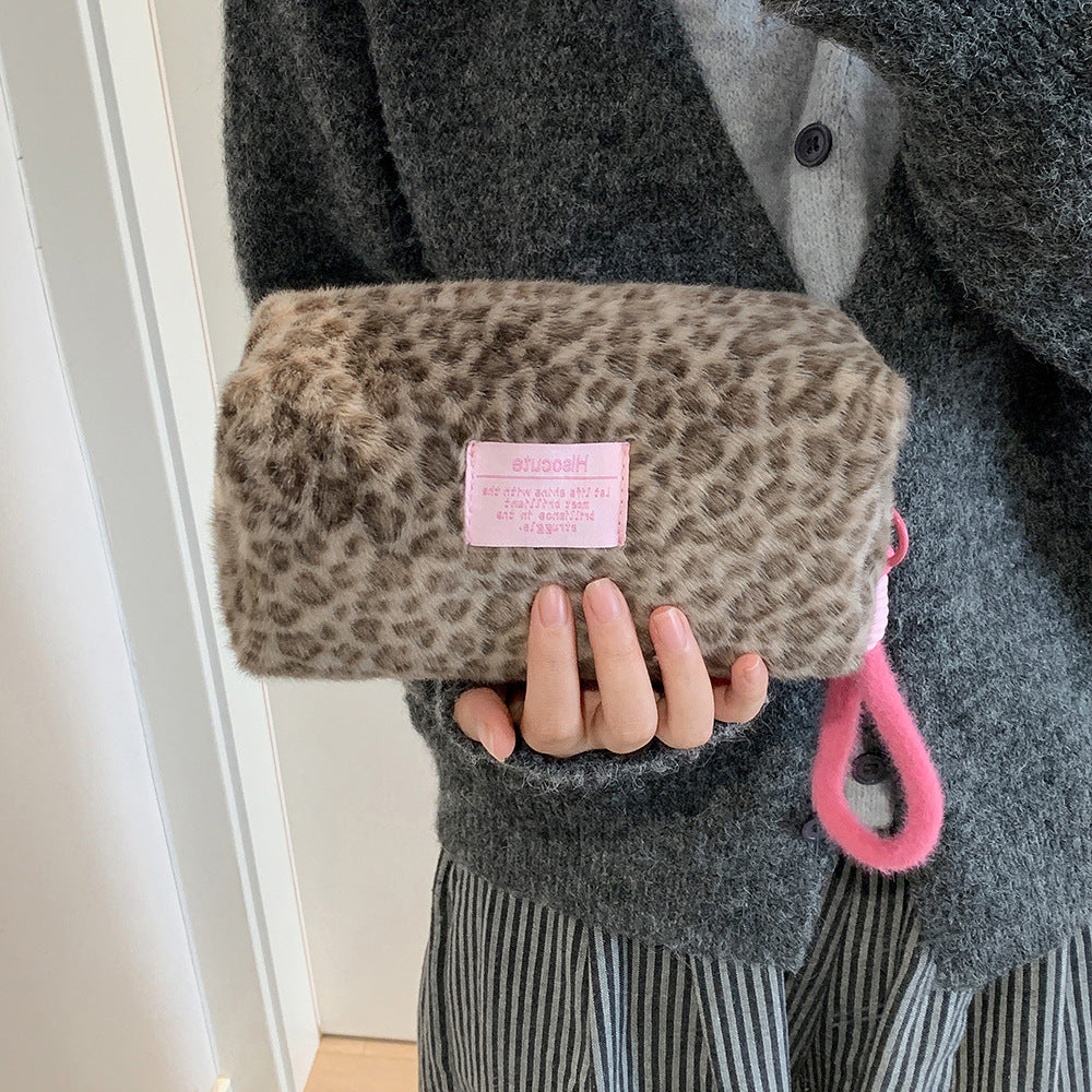 Cute Fuzzy Leopard Print Portable Makeup Bag