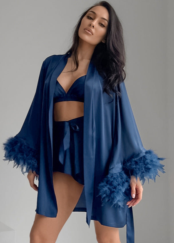 Satin Loungewear Set With Feather Trim