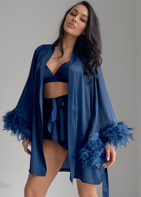 Satin Loungewear Set With Feather Trim
