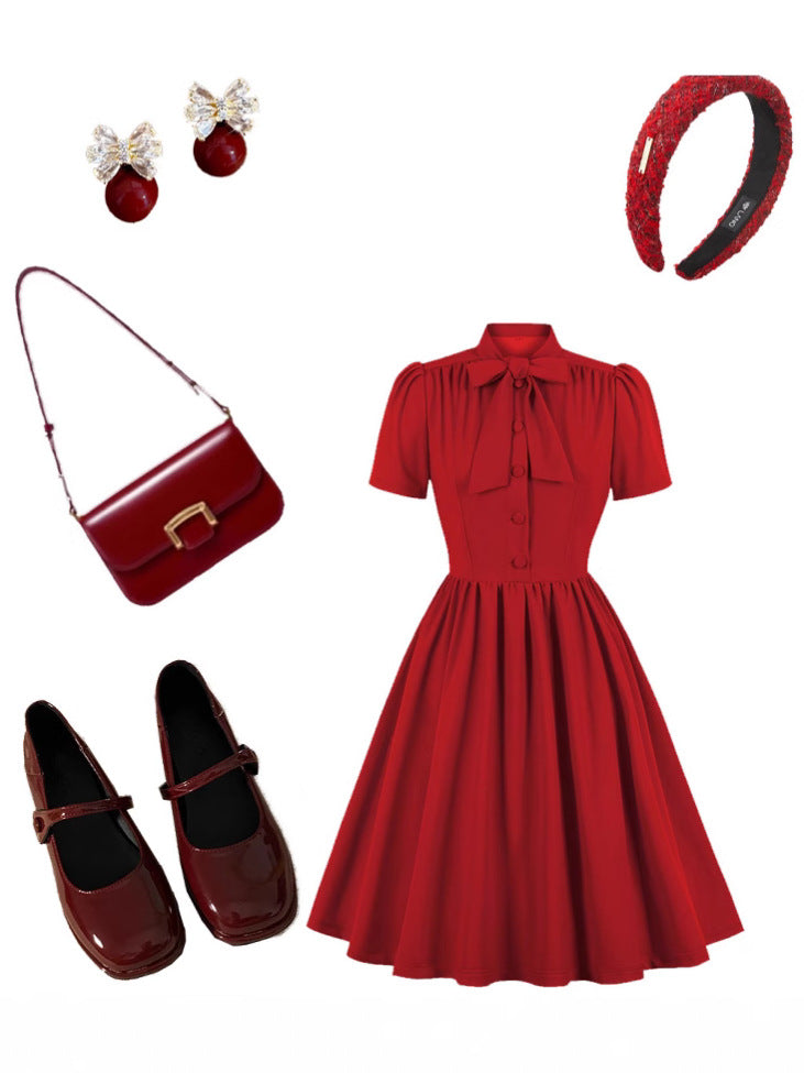 Elegant Red Midi Dress With Tie Waist