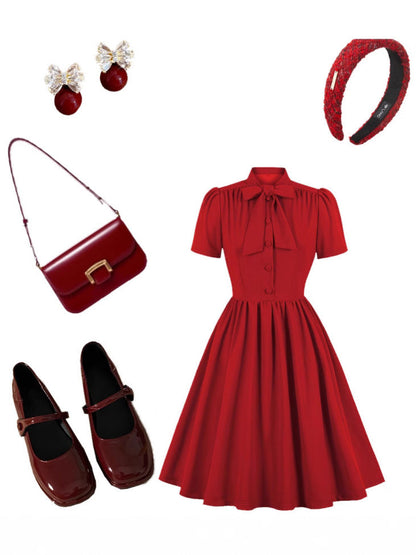 Elegant Red Midi Dress With Tie Waist