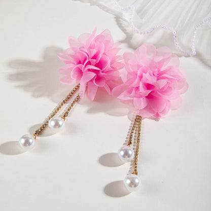 Exaggerated Flower Tassel Earrings With Faux Pearl For Women