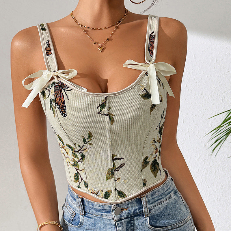 Sensual Floral Lace-Up Cami Top Vintage Style