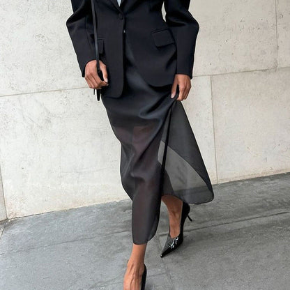 Fashionable Black Mesh Midi Skirt With High Waist Design