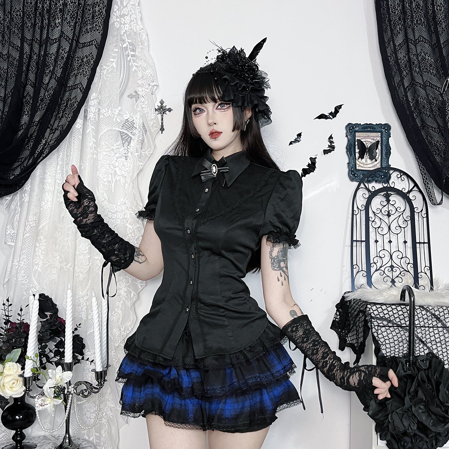 Vintage Lace Trim Black Shirt for Street Style