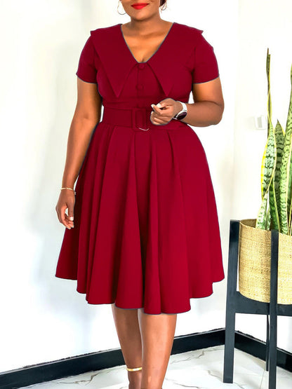 Elegant A-Line Dress With Doll Collar And Flare Skirt