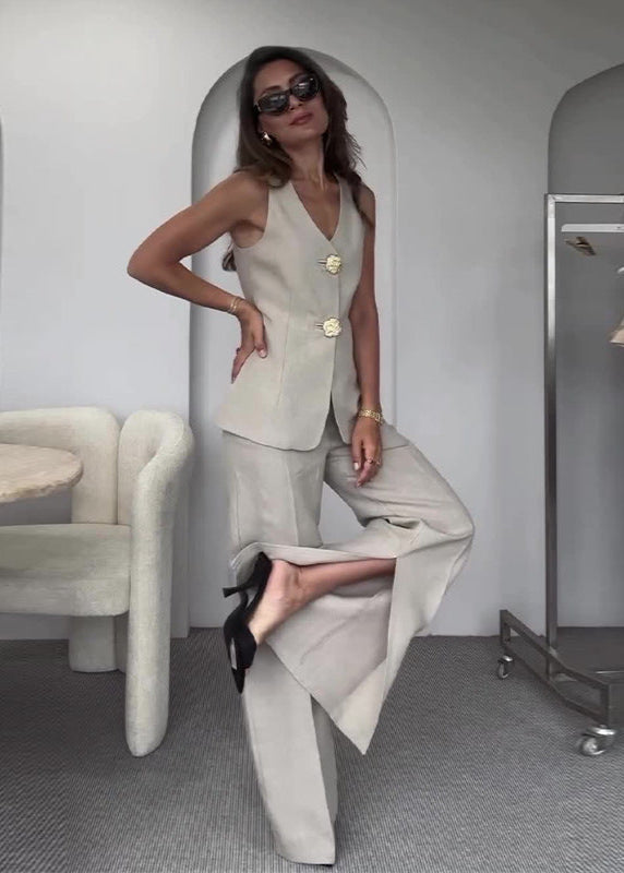 Wide Leg Linen Cotton Blend Vest And Trousers